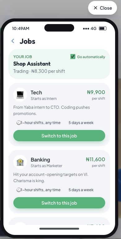 Jobs app with Shop Assistant at 8300 naira per shift, Go automatically enabled and one-hour shift labels