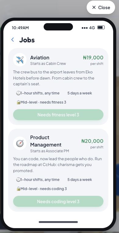 Jobs app showing Aviation Fitness 3 and Product Management Coding 3 entry gates