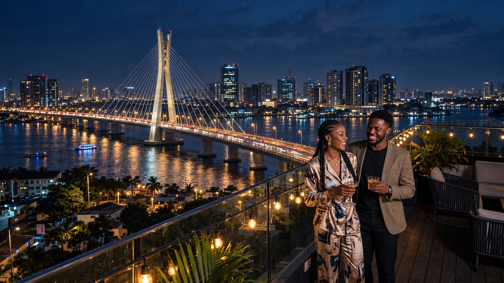 Lagos-inspired waterfront at night with a cable-stayed bridge and a rooftop terrace