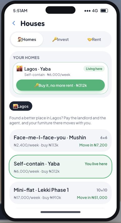 Lagos Life Houses app showing the Homes tab, current Yaba home buyout button and Mushin and Lekki property cards