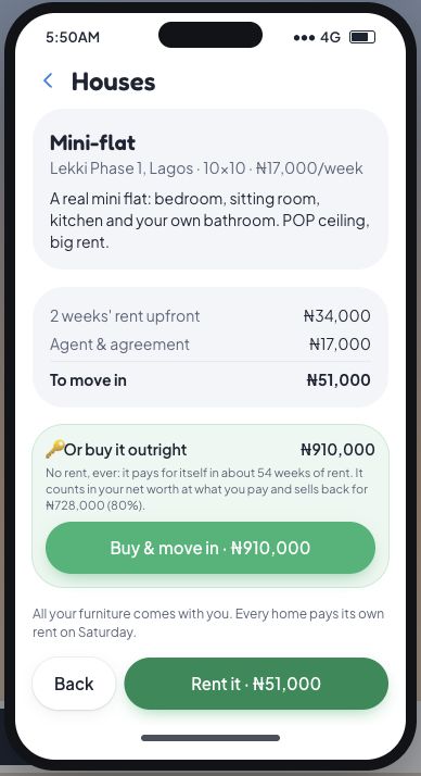 Official Mini-flat detail screen showing ₦34,000 prepaid rent, ₦17,000 agent fee, ₦51,000 rent move-in total and ₦910,000 buyout price